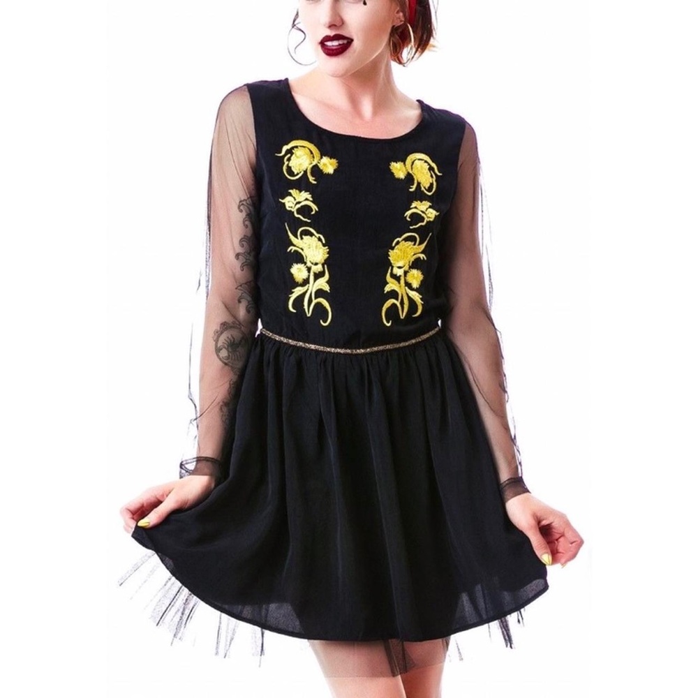 English Rose black tulle long sleeve mini dress with gold embroidery